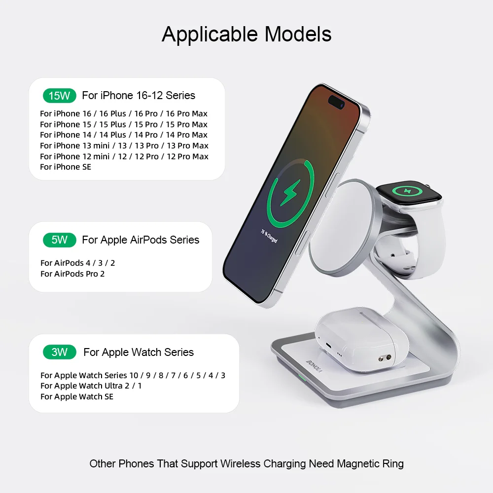 Bonola Magnetic 3 in 1 Wireless Charger for iPhone 17/16/15/13/14/12 30W Wireless Charging Station for Apple Watch/AirPods Pro