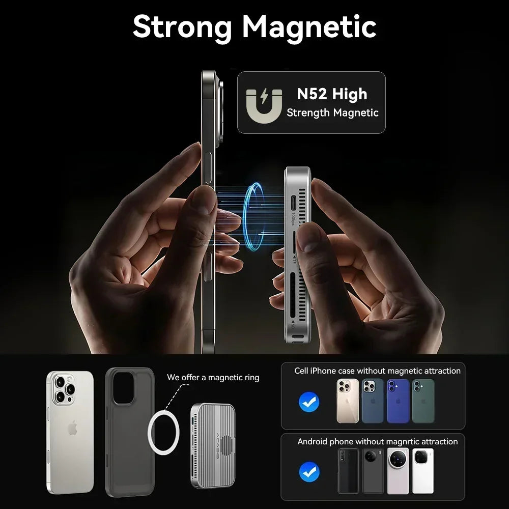 Acasis 10Gbps Magnetic M.2 NVMe SSD Enclosure & USB-C Docking Station with Cooling Fan for iPhone 17/17 Pro/iPhone 16/16 Pro