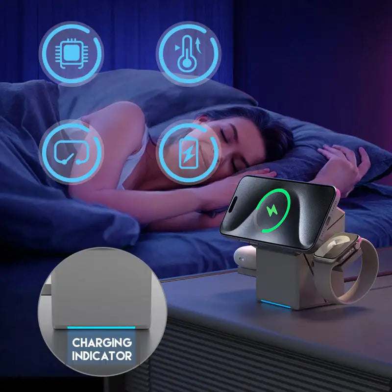 3 in 1 Qi2 Magnetic Wireless Charging Station for iPhone 12/13/1415/16/17, Apple Watch, and AirPods 15W Fast Charging