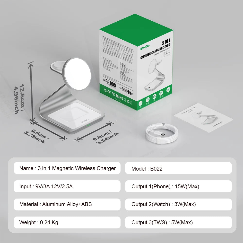 Bonola Magnetic 3 in 1 Wireless Charger for iPhone 17/16/15/13/14/12 30W Wireless Charging Station for Apple Watch/AirPods Pro