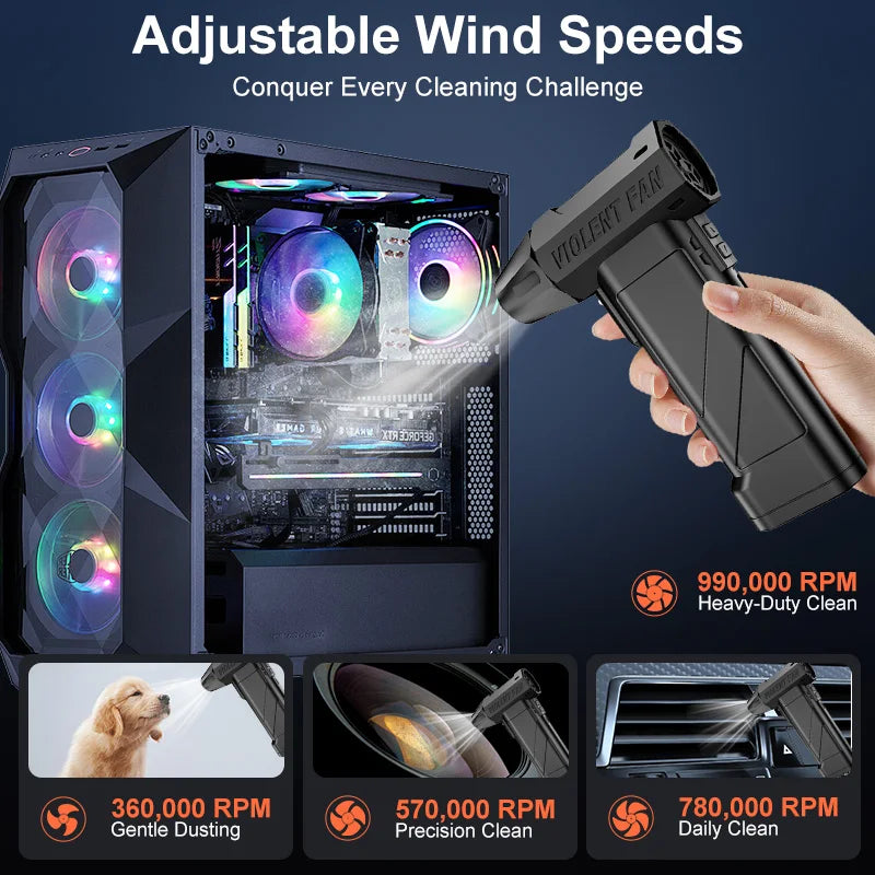 990,000 RPM powerful turbine fan, cordless vacuum cleaner, high-speed brushless motor, electric snow blower, LED lighting